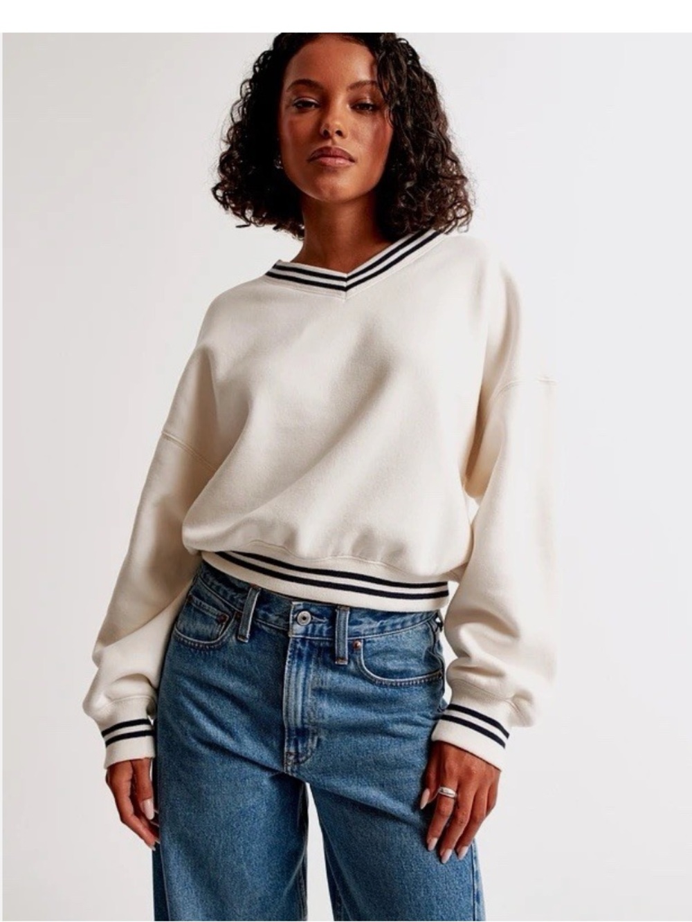 Abercrombie & Fitch Cream V-Neck Sweater with Black Stripe Trim